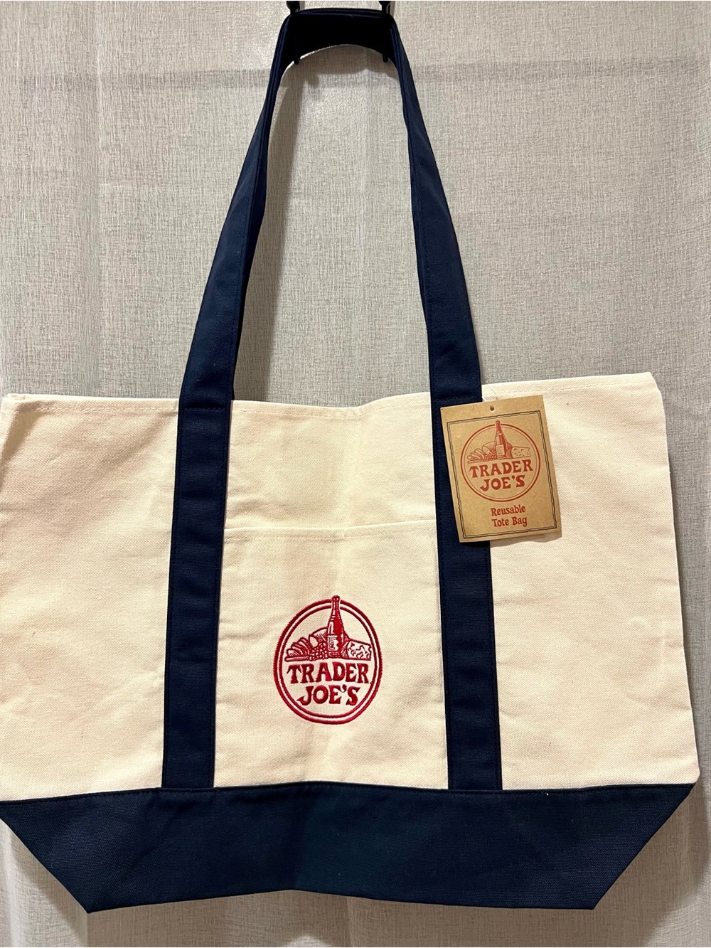 🔥THE Trader Joe's Viral Cream and Navy Canvas Tote Bag
